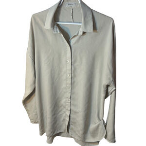 Babaton Pinstripe Button Down Shirt Elegant Beige Women's Top size Large Career